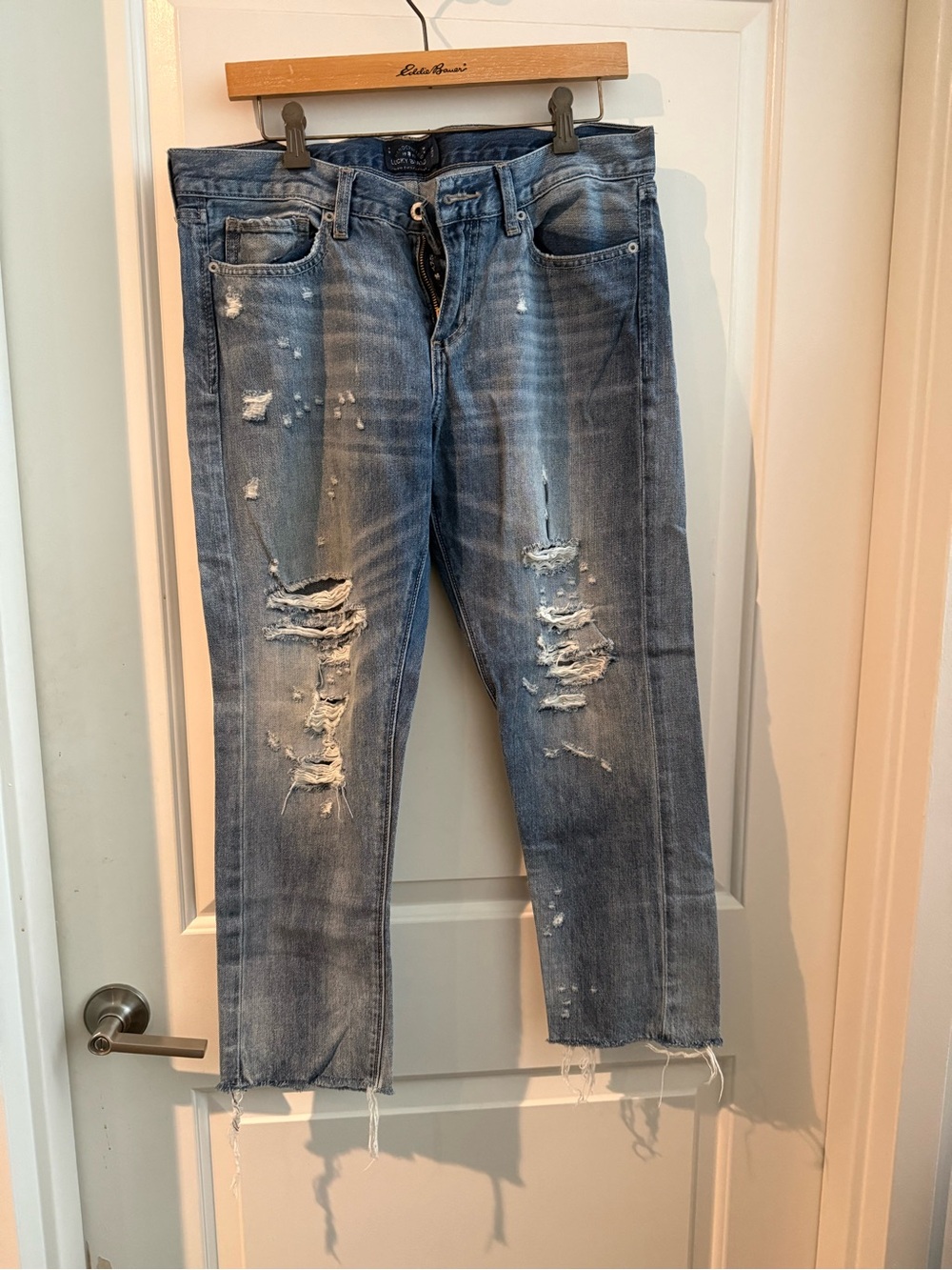 Lucky Brand Distressed Slim Boyfriend Jeans — Faded Blue Wash